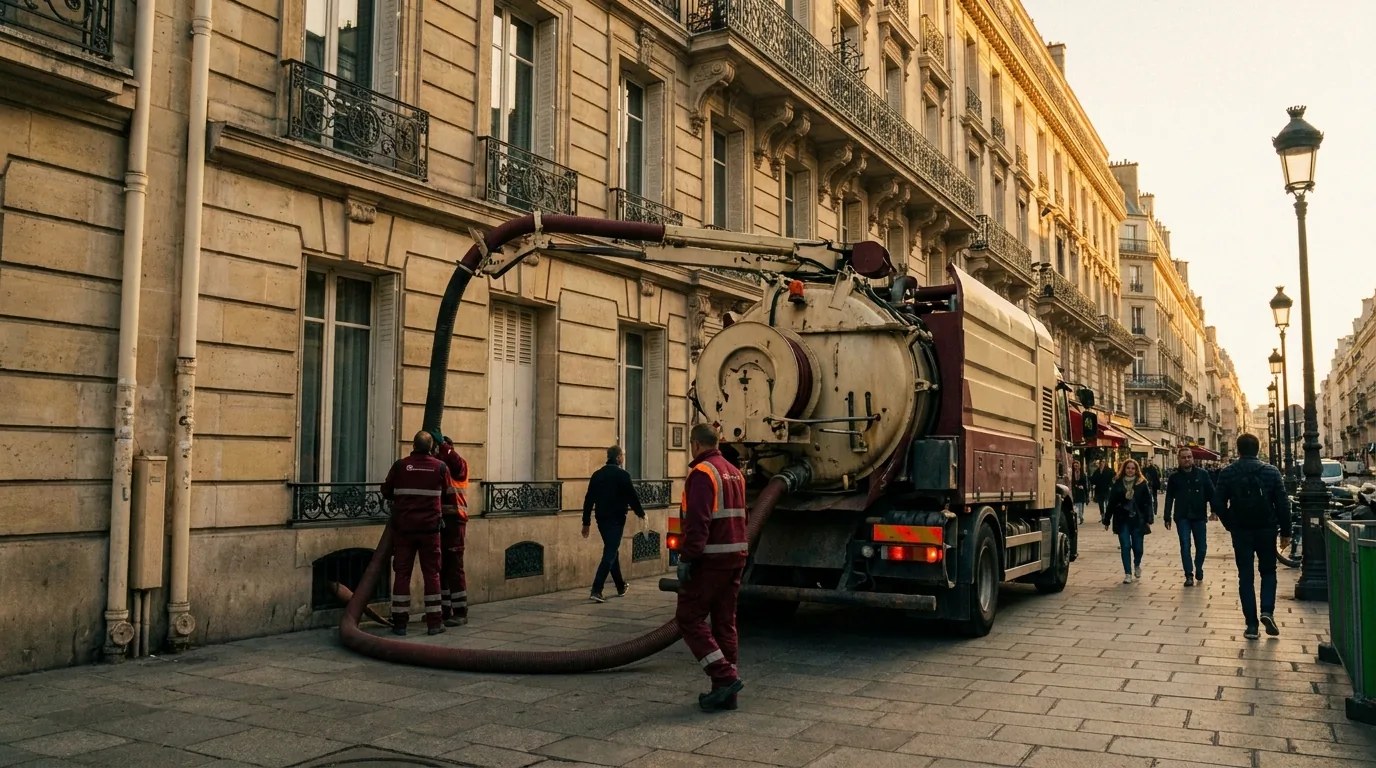 Camion combiné de pompage et d'hydrocurage de l'entreprise Pompage & Assainissement Paris en intervention dans le 15e arrondissement après orage