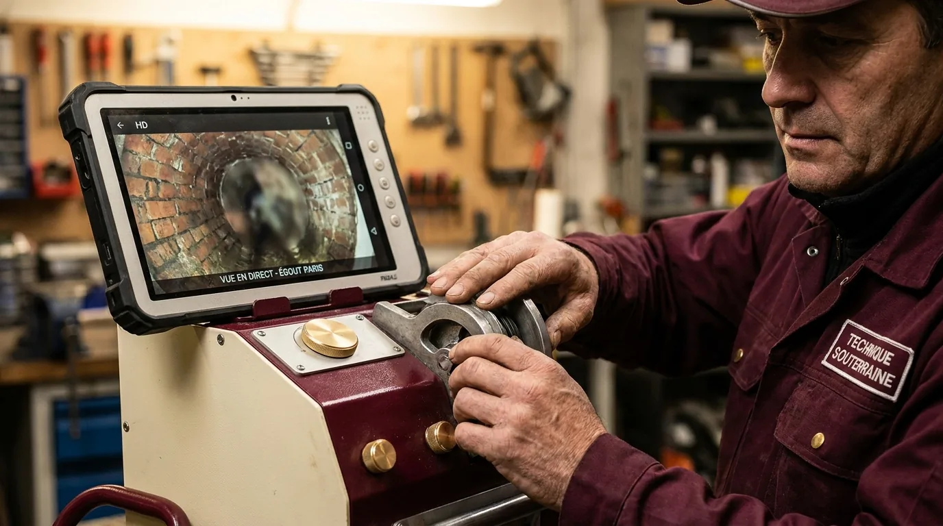 Inspection caméra endoscopique HD d'une canalisation parisienne — technicien Pompage & Assainissement Paris analysant le diagnostic sur tablette